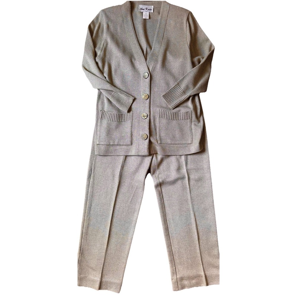 Vintage Ami Knits 2 Pc Knit Suit Taupe Greige Cardigan Pants Sz 14 USA
